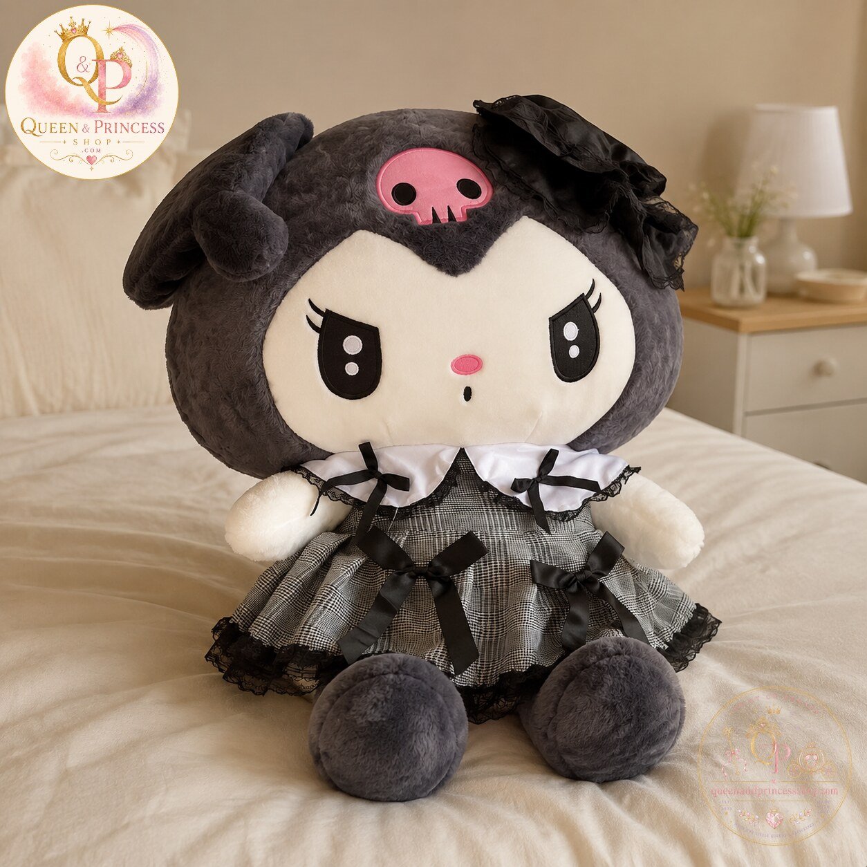 Kuromi Grey Plaid Dress Plush Toy 4 Kuromi Grey Plaid Dress Plush Toy